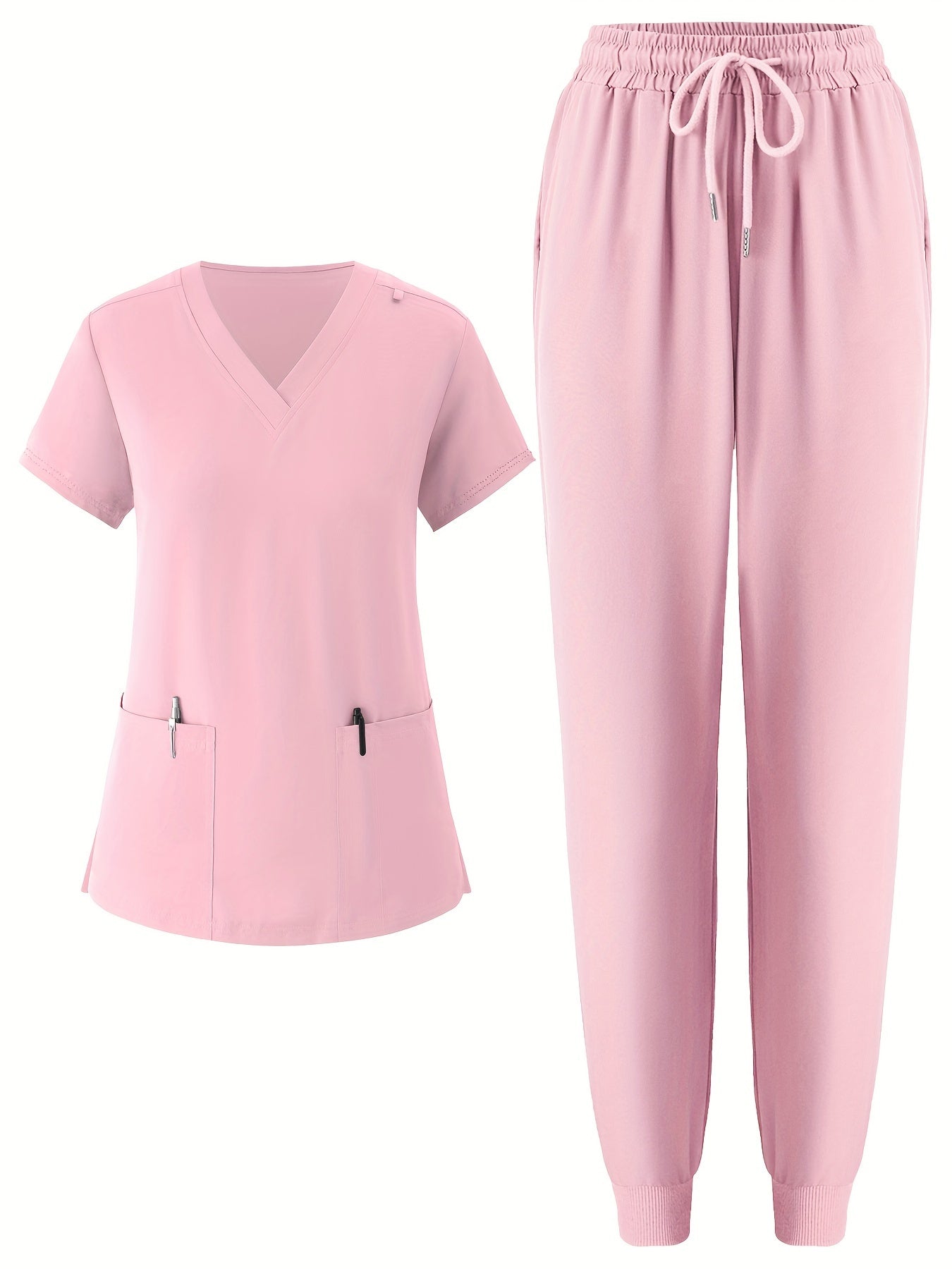 Women's V-Neck Scrub Set Solid Color Breathable Pockets All-Season Workwear