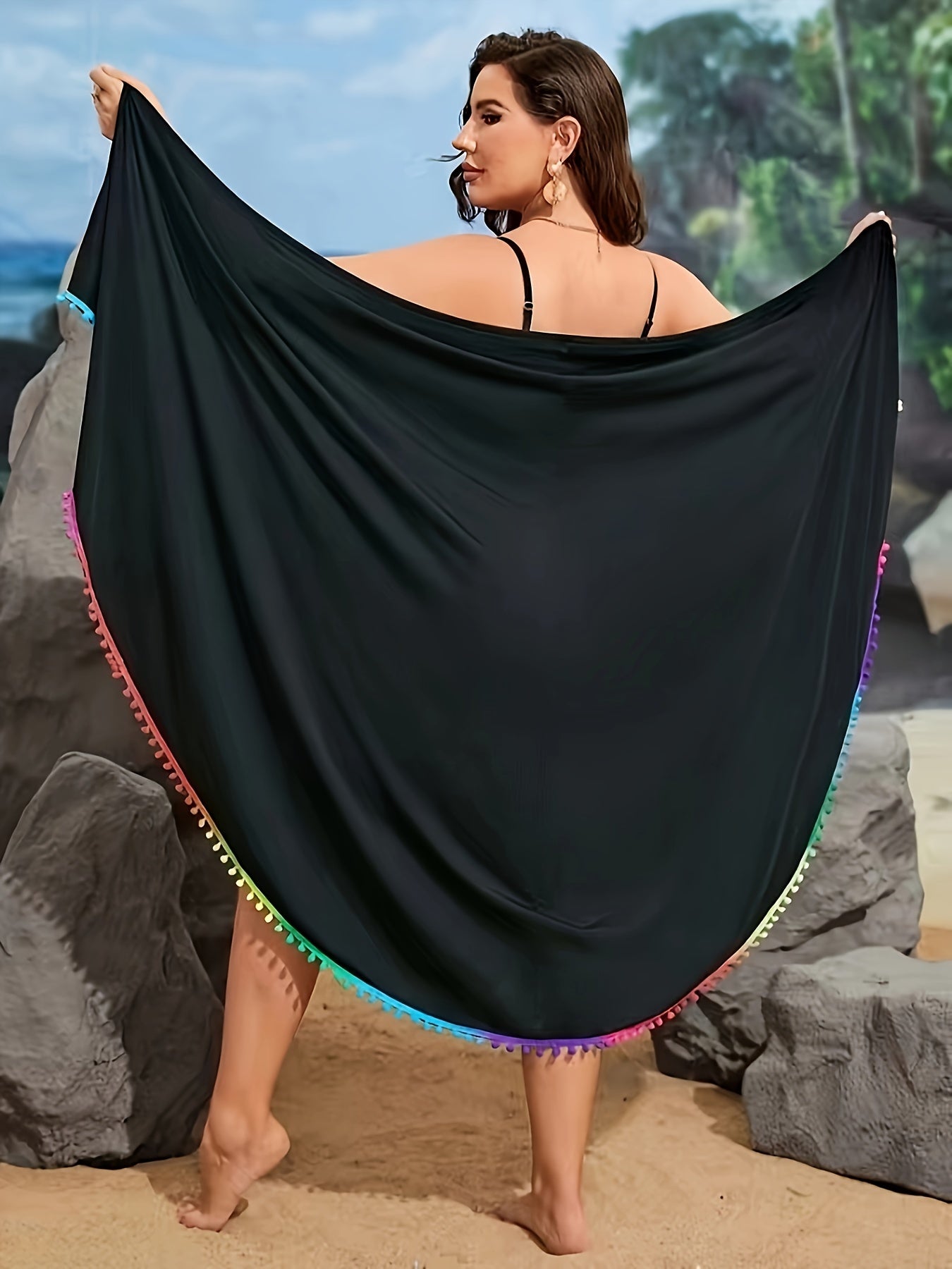 Black Boho Kimono Cover-Up with Colorful Fringe for Beach and Pool