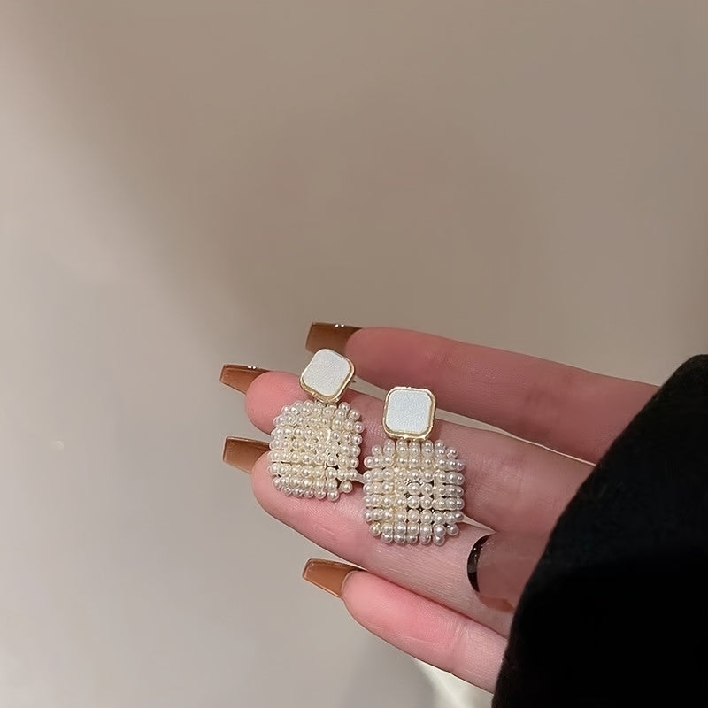 Women Pearl Drop Earrings Silver Plated Square Pendant Jewelry