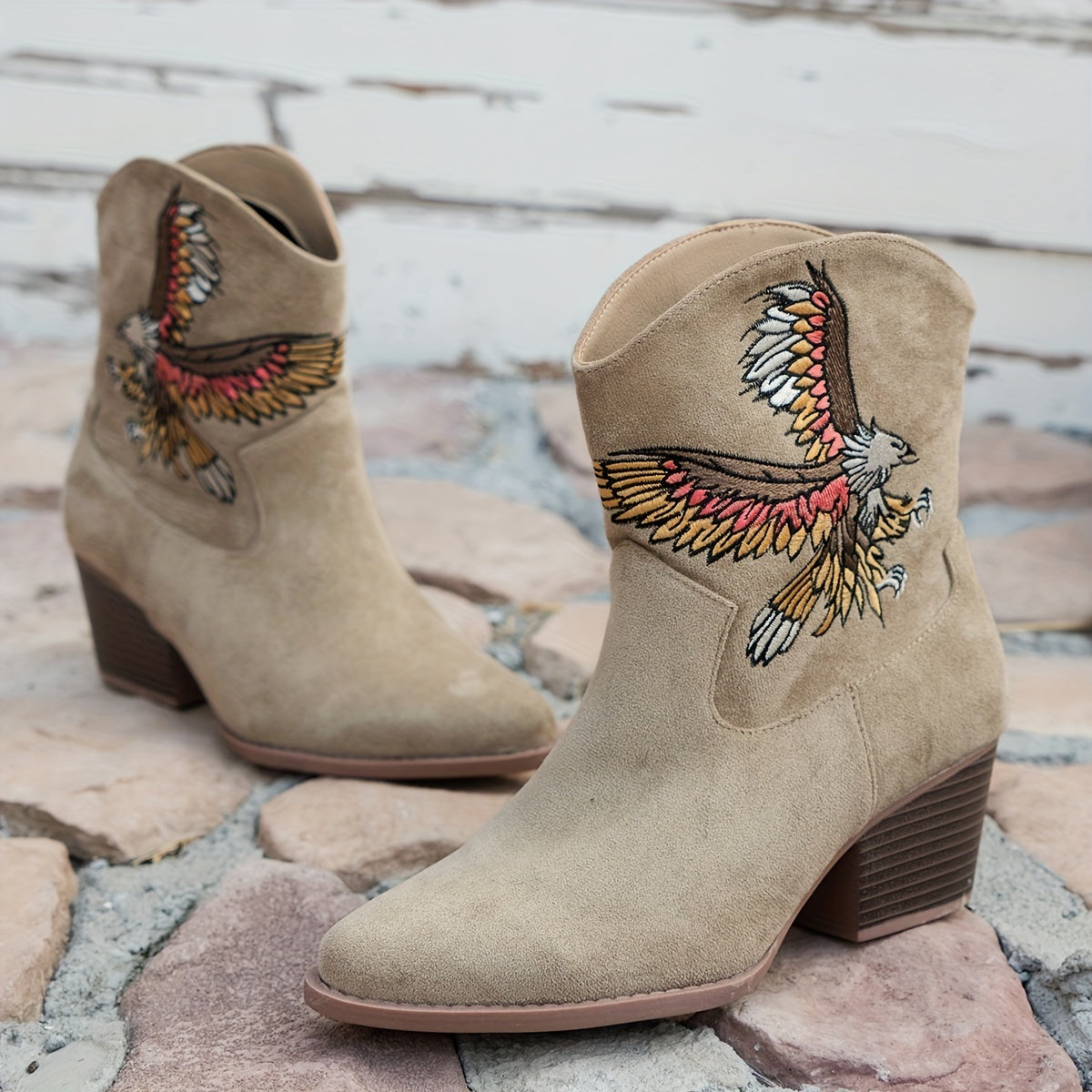 Women's Vintage Leather Riding Boots with Animal Print Eagle Mid-Calf Slip-On