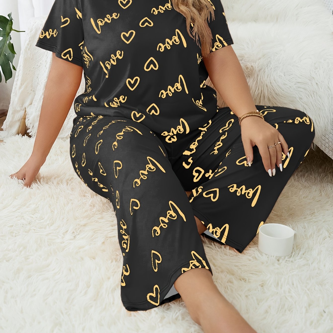 Plus Size Cozy Pajama Set Women Polyester Black with Gold Heart Print