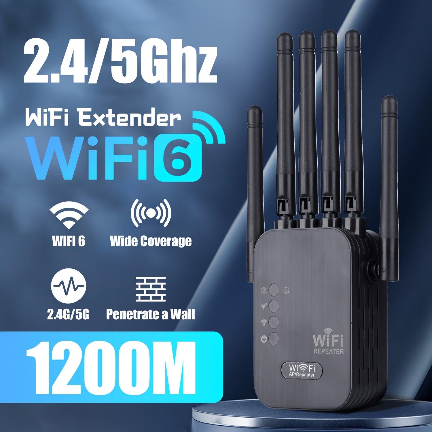 WiFi Extender Dual Band Repeater 1200Mbps with 6 Antennas Supports WiFi 6 Ethernet Long Range Coverage