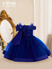 Girls Sleeveless Flower Embroidered Midi Dress with Bowknot for Formal Parties