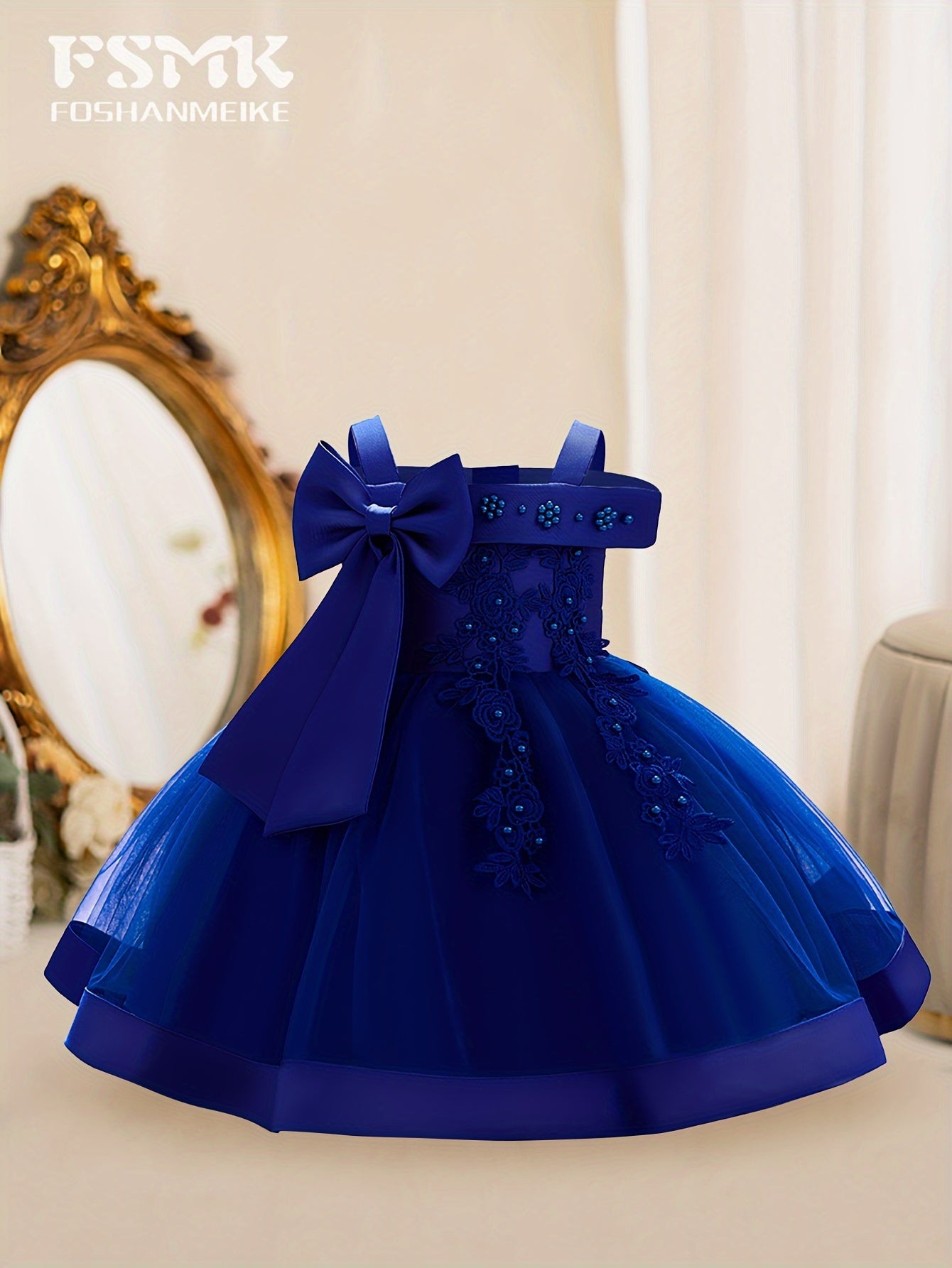 Girls Sleeveless Flower Embroidered Midi Dress with Bowknot for Formal Parties