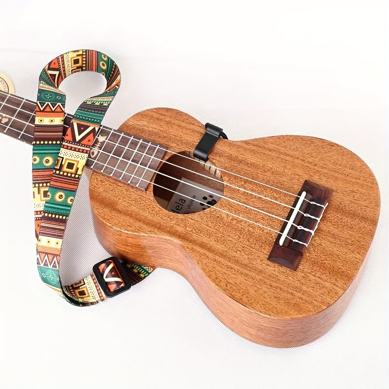 Correa de ukelele de inspiración hawaiana colorida con patrones geométricos y colores vibrantes mezclados