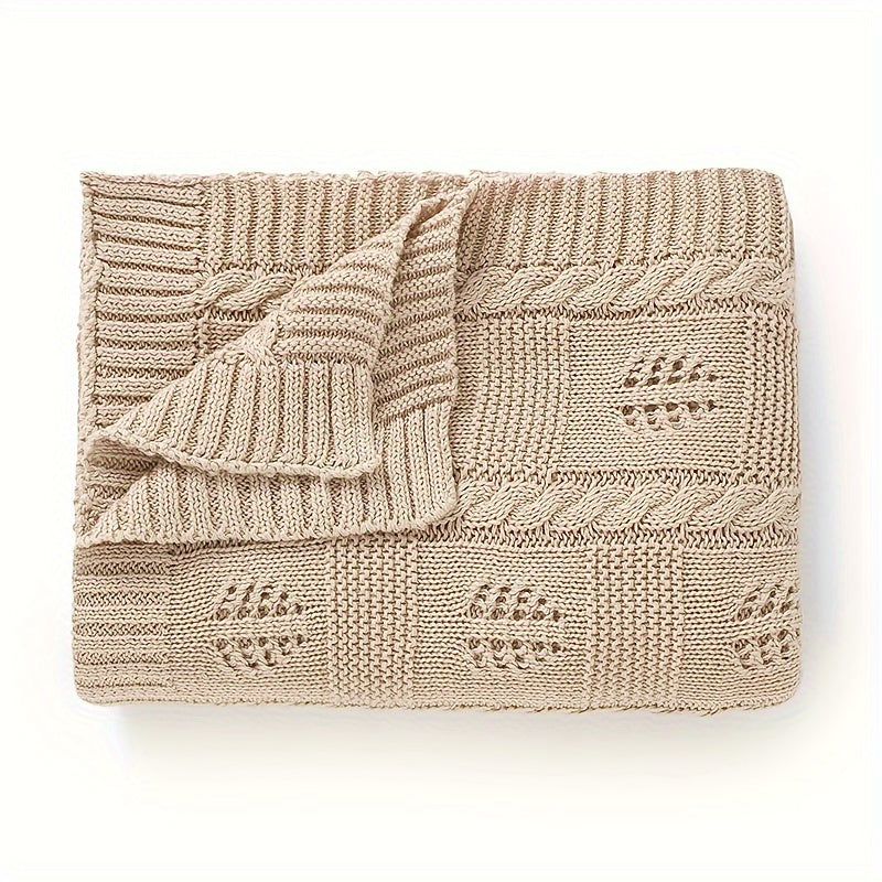 Manta de punto Jacquard geométrico con patrón de hojas, diseño transpirable con orificios para hogar, viaje y aire acondicionado en rosa, camello, verde y café