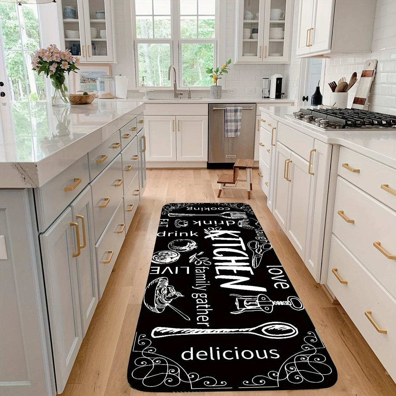 Qora oshxona mato, pichoq va qoshiq naqshli, sirpanishga qarshi, yuviladigan polyester gilam, pol uchun kirish