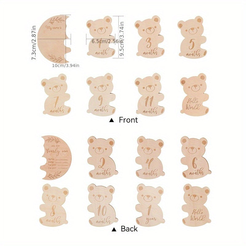Baby Milestone Keepsake Wooden Teddy Bear Growth Record Card Set with Photo Props