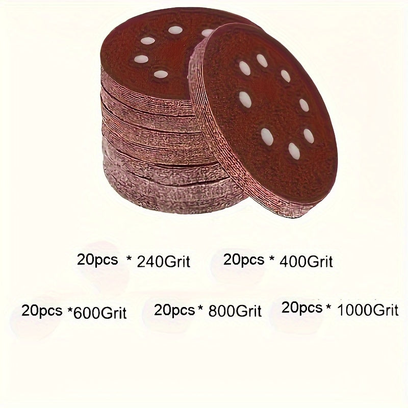 100 круговых шлифовальных листов 5 дюймов (125 мм) с 8 отверстиями, системой крючка и петли, используемых для полировки.