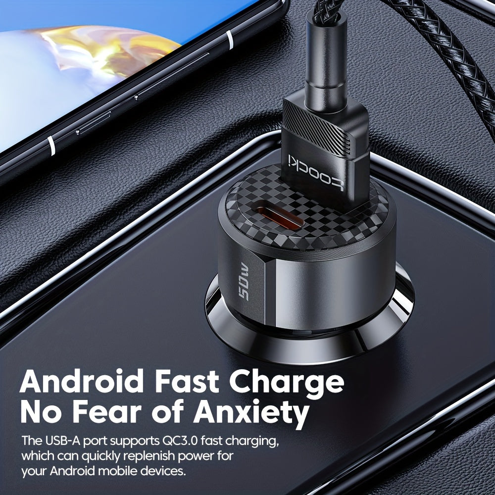 Car Charger 50W USB-C PD QC Fast Charging for Vehicles Portable Durable