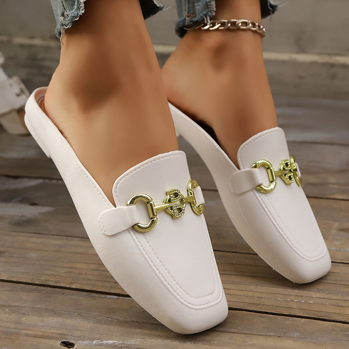 Women's Summer Loafers Black White PU Casual Flats with Golden Chain