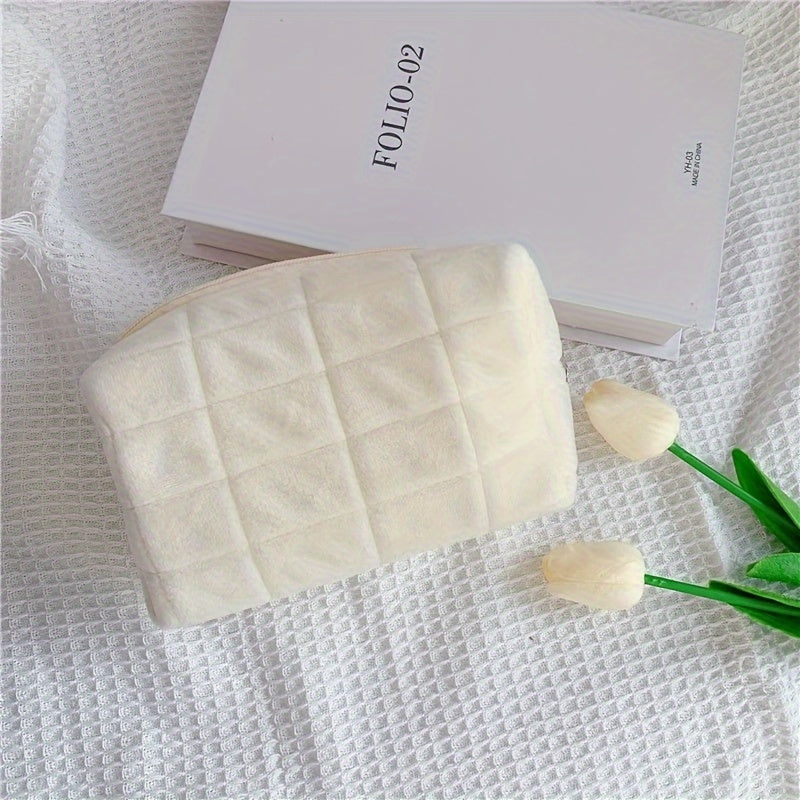 Women’s White Velour Cosmetic Bag Large Capacity for Makeup Brushes and Accessories