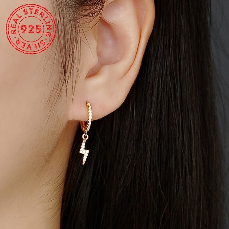 Sterling Silver Punk Earrings with Lightning Bolt Zirconia Pendants for Daily Wear