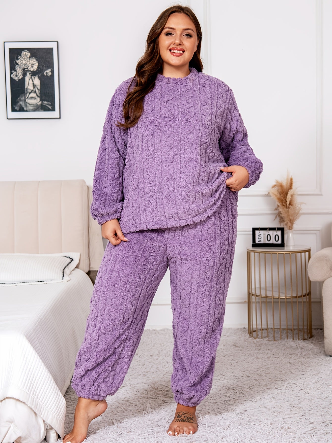 Women's Plus Size Fleece-Lined Flannel Pajama Set Long Sleeve Pants