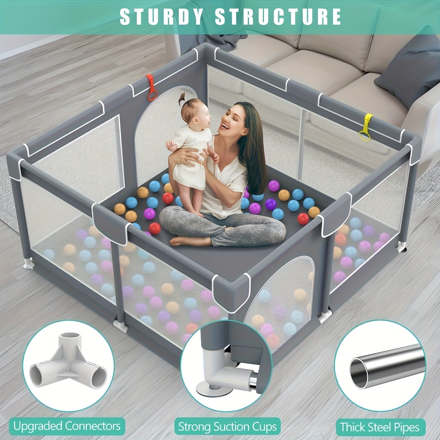 Large Indoor Metal Play Yard with Door, Storage Bag and Ball Pit for Toddlers