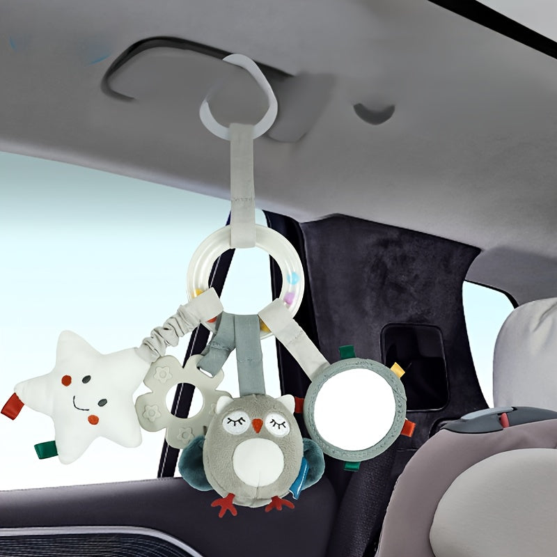 Baby Car Seat Toy Plush Mobile with Mirror Teething Ring Textured Beads for Stroller and Crib