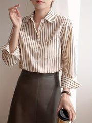 Beige Striped Long Sleeve Blouse with Button-Up Front for Casual Wear