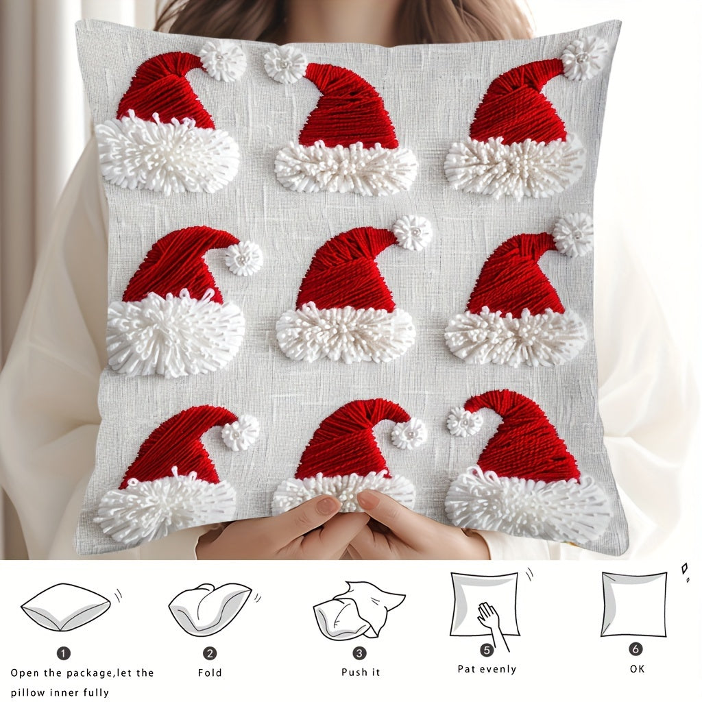 Christmas Santa Hat Throw Cushion Cover 44.96x44.96 cm Polyester Zipper Closure Single Sided