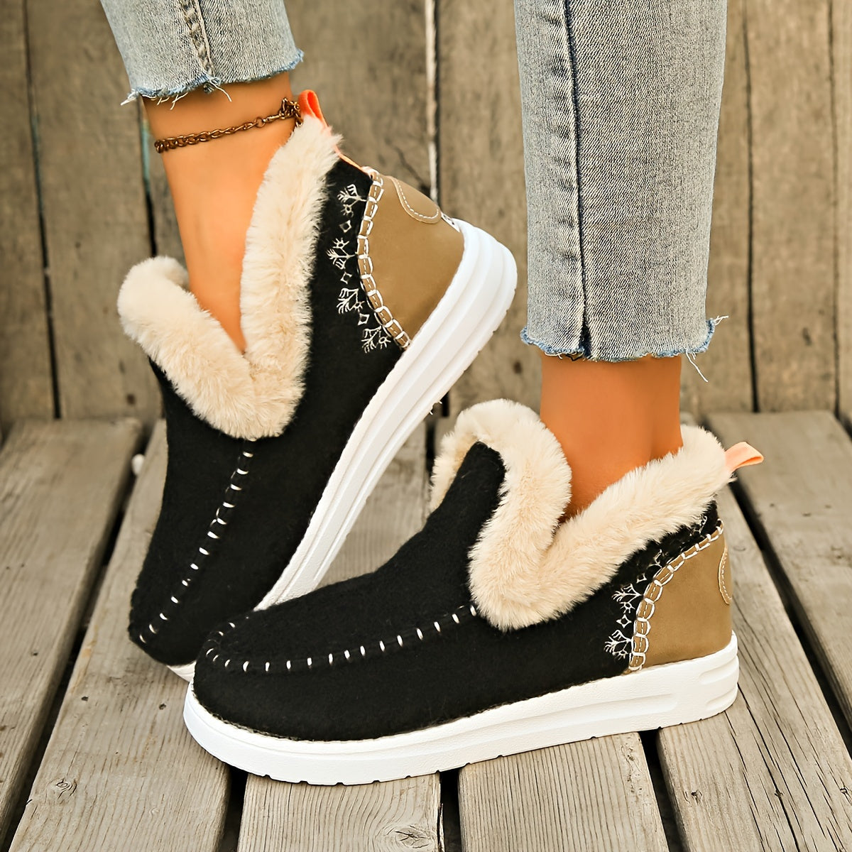 Women's Plush-Lined Ankle Boots Warm Faux Furry Casual Slip-On Shoes