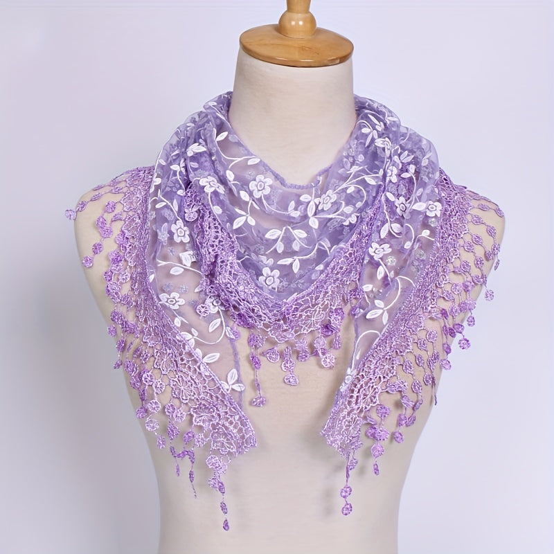 Women's Floral Embroidery Lace Shawl Triangle Scarf Cape Hollow Out Breathable Fabric for Head Covering