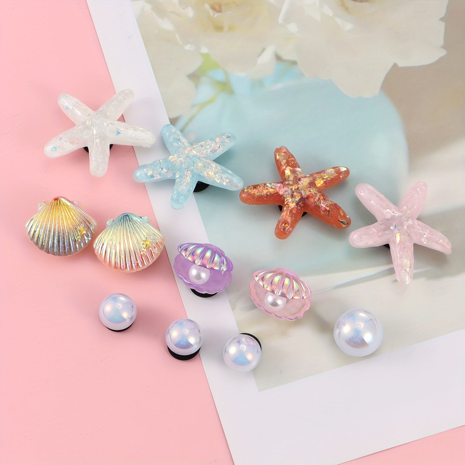 Girls Resin Shoe Charms 12 Pcs Butterfly Starfish Seashells Pearl Accessories