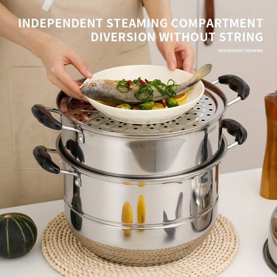4-Piece Stainless Steel Steamer Set with 3-Tier Stackable Design for Cooking and Steaming