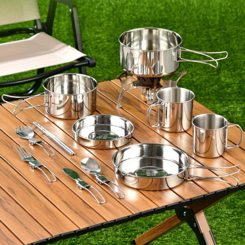 Stainless Steel Camping Cookware Set with Pots Pans Cups and Storage Bag
