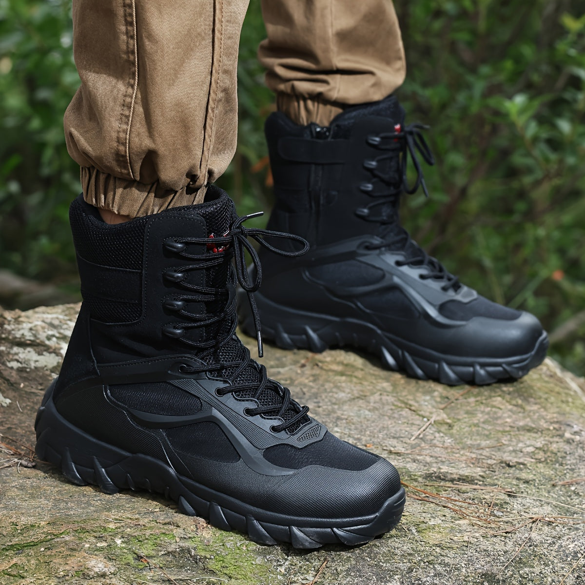 Men's Tactical High-Top Boots Lightweight All-Season Sports Zipper Lace Closure
