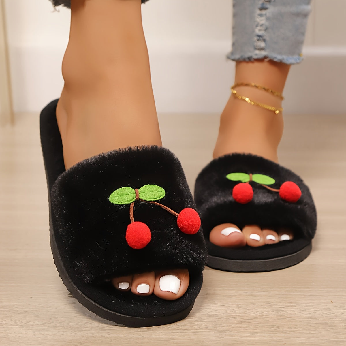 Women's Cherry and Green Leaf Slip-On Slippers, Soft EVA Sole, Indoor Outdoor