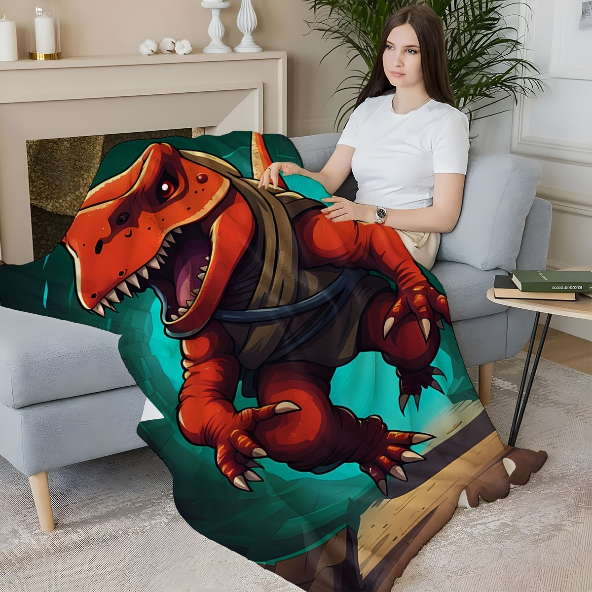 Cartoon Dinosaur Print Knitted Polyester Throw Blanket for Kids and Adults