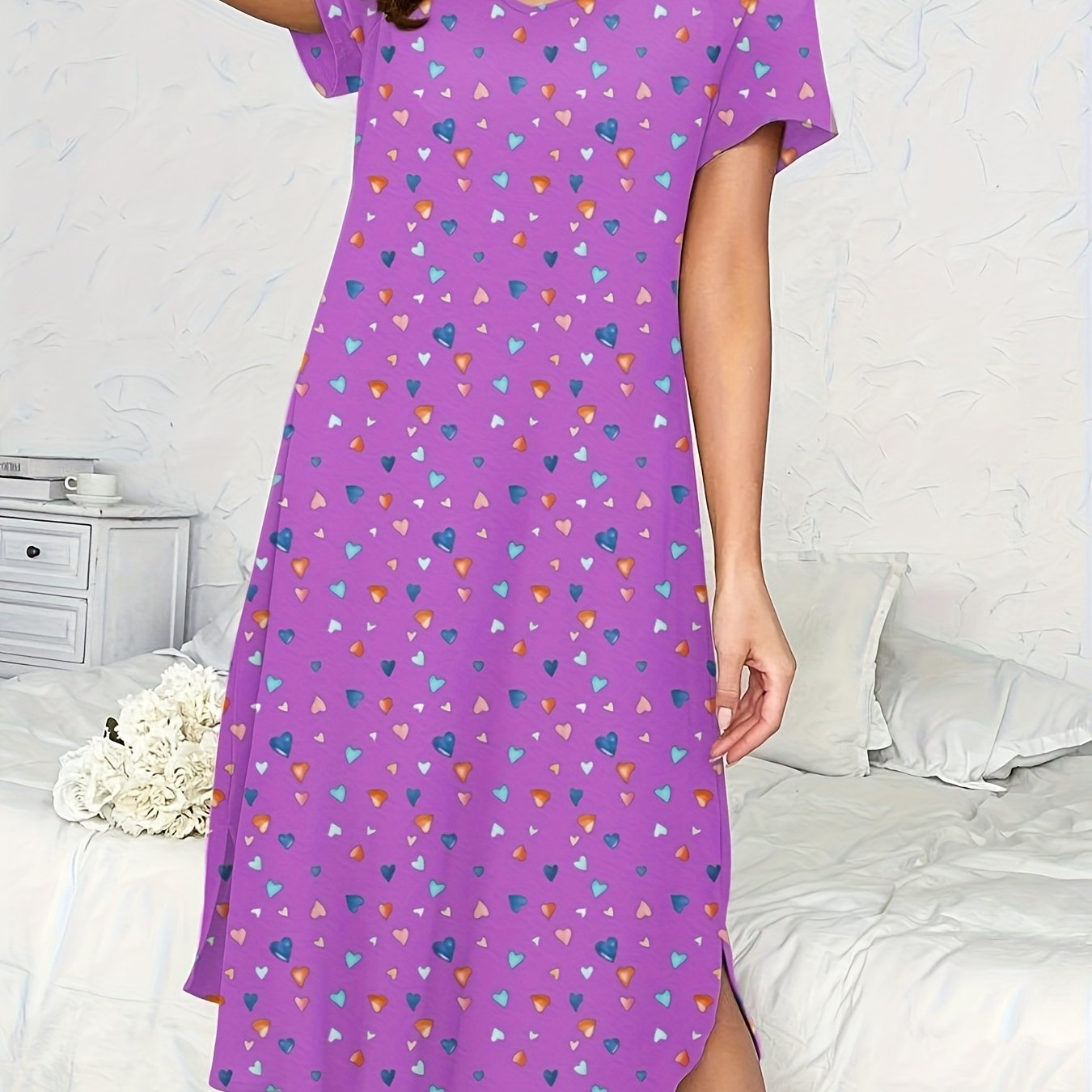 Women's Long Heart Print Cotton Casual Maxi Sleep Dress