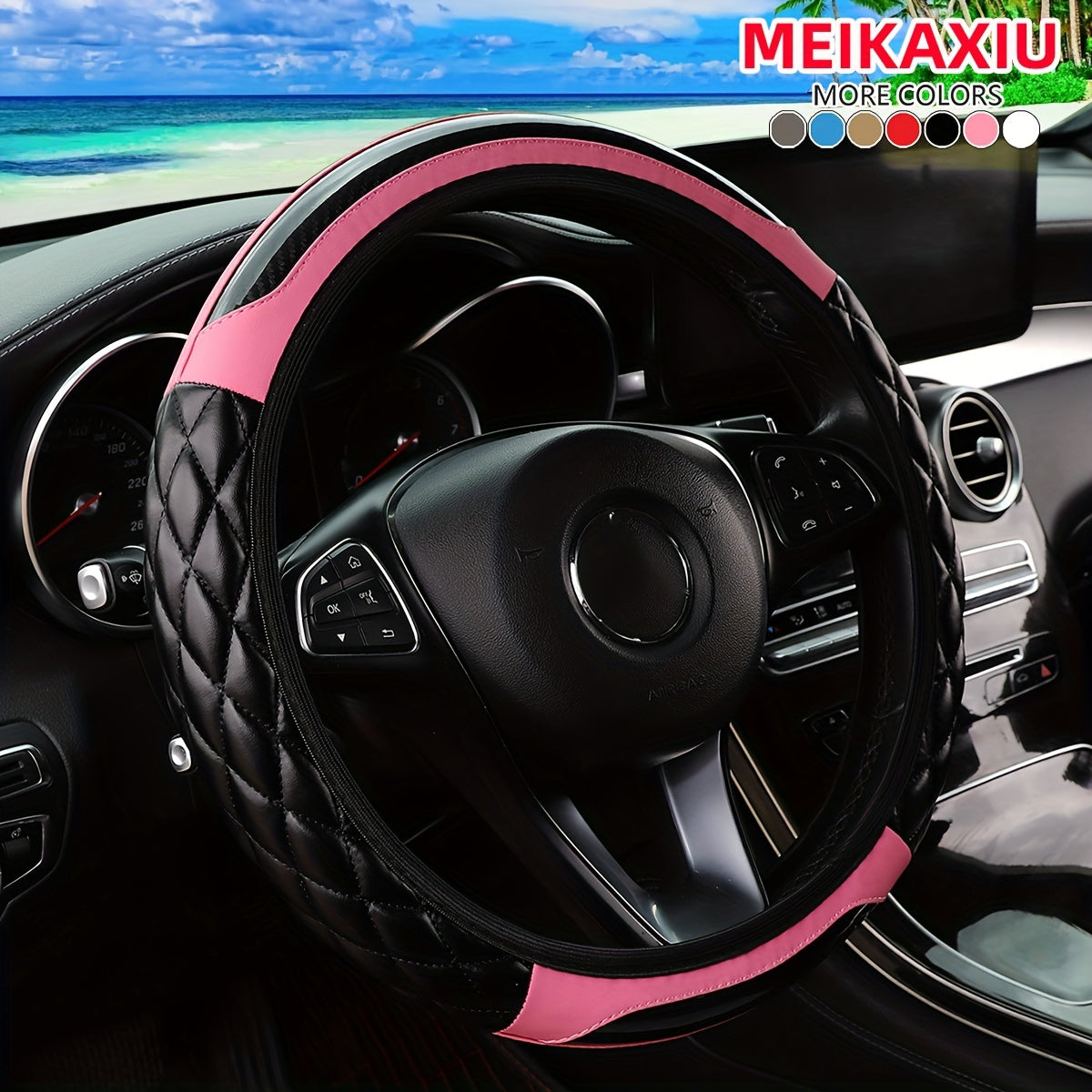 3D Embroidered Crystal Carbon Fiber Faux Leather Steering Wheel Cover Universal Fit 36.83-38.1 cm for Cars in 5 Colors