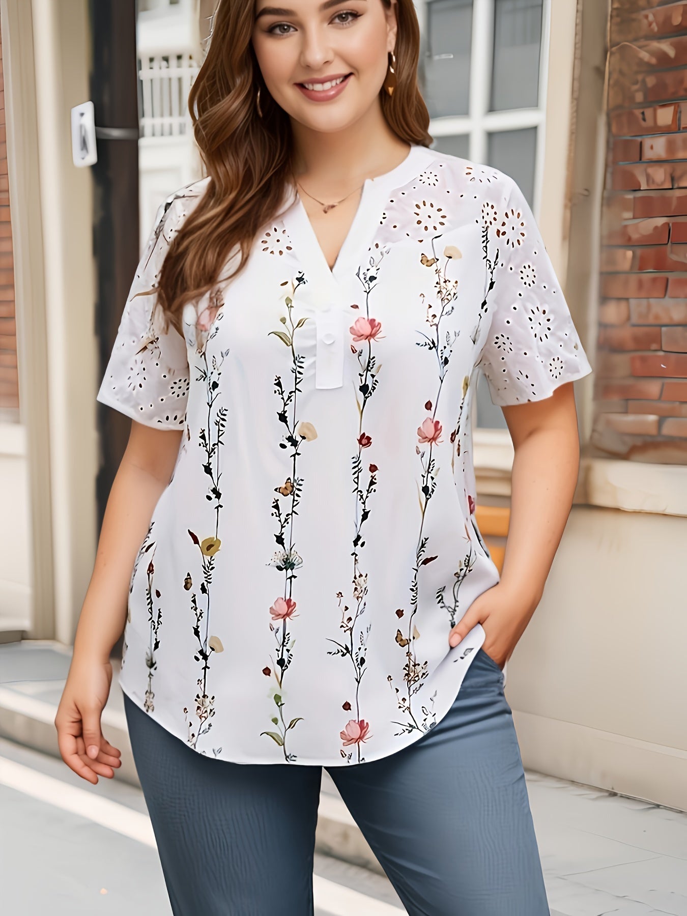 Plus Size Floral Print Short Sleeve Blouse Women Spring Summer Elegant Top
