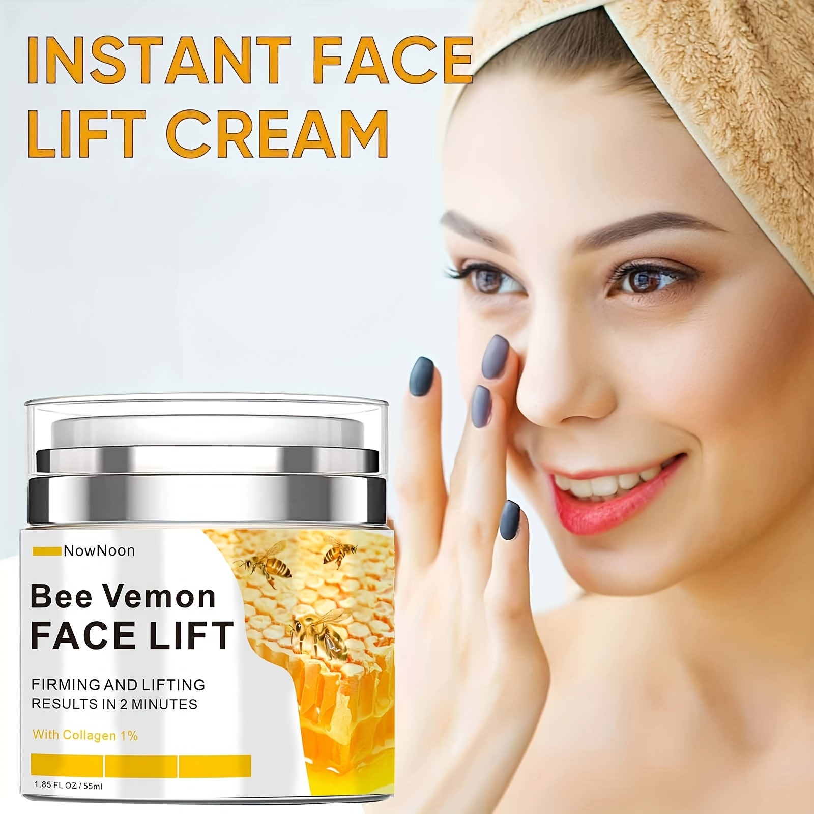 NowNoon Bee Vemon Instant Face Lift Cream - 1.85 fl. Oz terini siqadi, mustahkamlaydi va silliqlashtiradi, alkogolsiz formulasi bilan, barcha teri turlari uchun Hyaluron kislotasi o'z ichiga oladi.