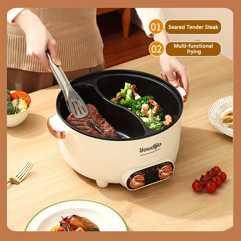 Yevropa rozetkali elektr hotpoti, yopishmaydigan elektr wok, ikki bo'limli, mustaqil harorat nazorati, bug'lash, qaynash va uyda pishirish uchun ideal. Stainless steel material.