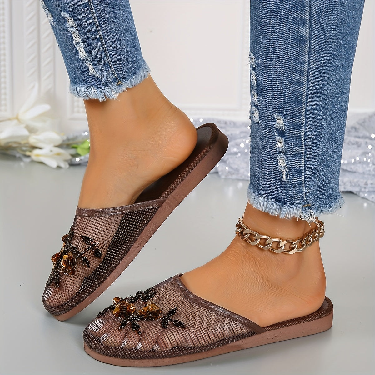 Women's Beaded Floral Slides Lightweight Summer Indoor Shoes Breathable Mesh Almond Toe EVA Sole