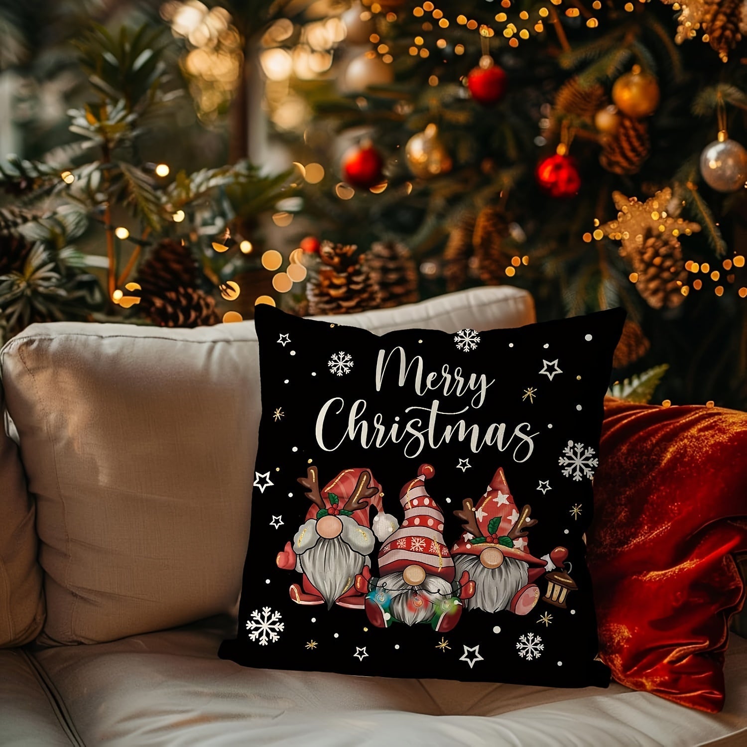 Christmas Gnome Pillowcase Single Sided Print Zip Closure Easy to Clean Sofa Decor