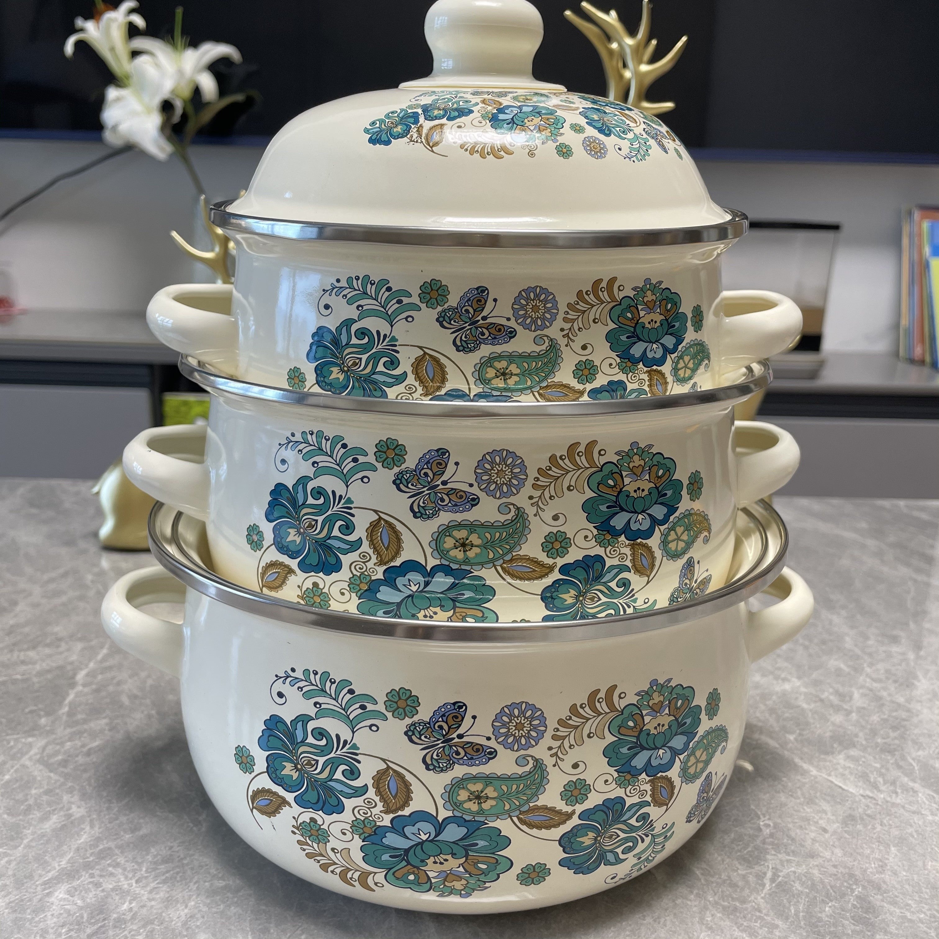 Enamel Cookware Set 3-Piece Floral Design Pots for Soup Stew Boiling