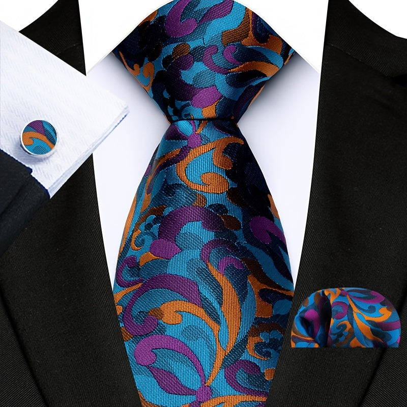 Men's Plaid Paisley Flower Tie Set with Cufflinks and Handkerchief Pack of 3