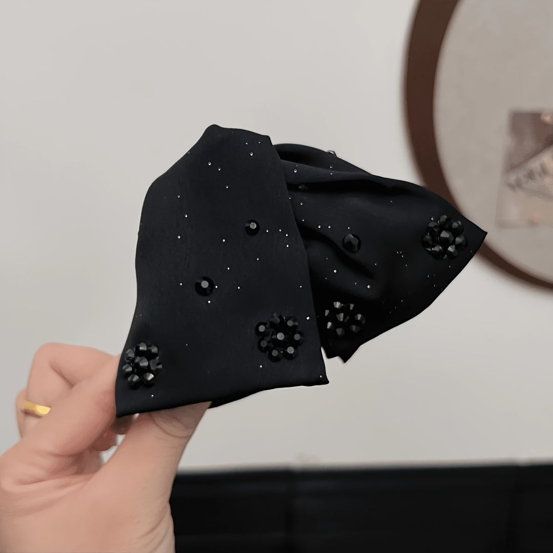 Qora satindan tayanchli soch klipi, rhinestones bilan bezatilgan akril shark klipi, ayollar uchun