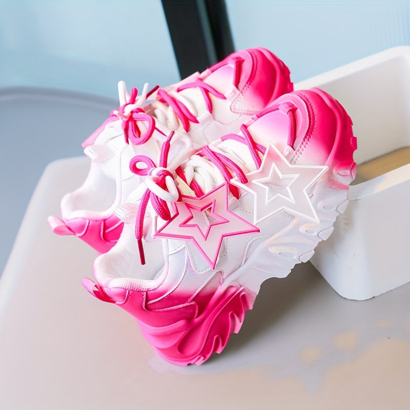 Girls Chunky Sneakers Pink White Gradient Star Pattern Casual Sports Outdoor Shoes