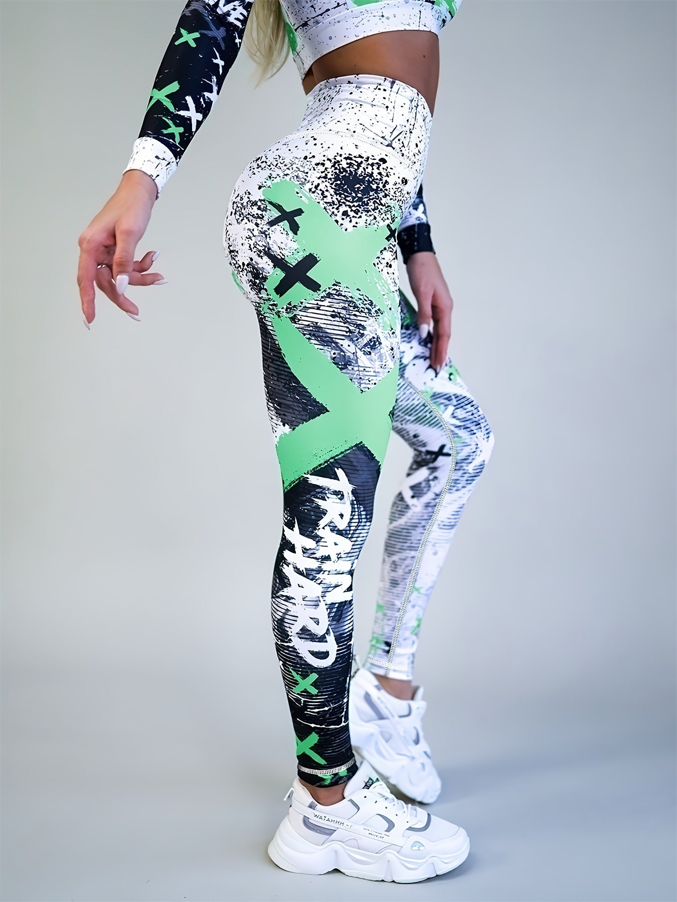 Women's High Waist Leggings with Color Block Graffiti Print Tummy Control Butt Lift for Running and Activewear