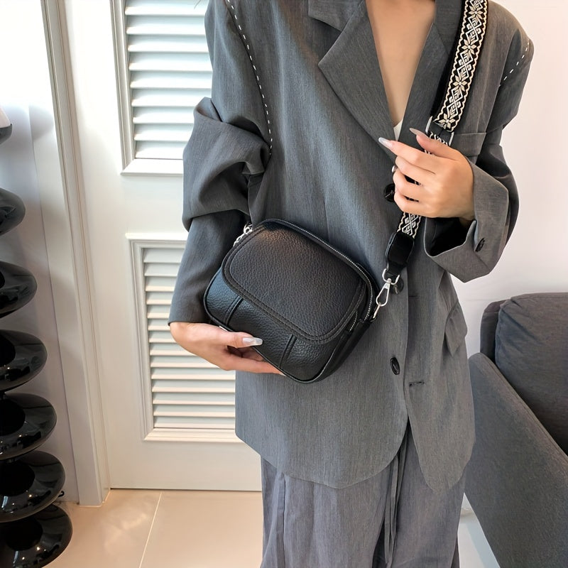 Square Crossbody Bag with Wide Strap Zipper in Solid Color PU Material