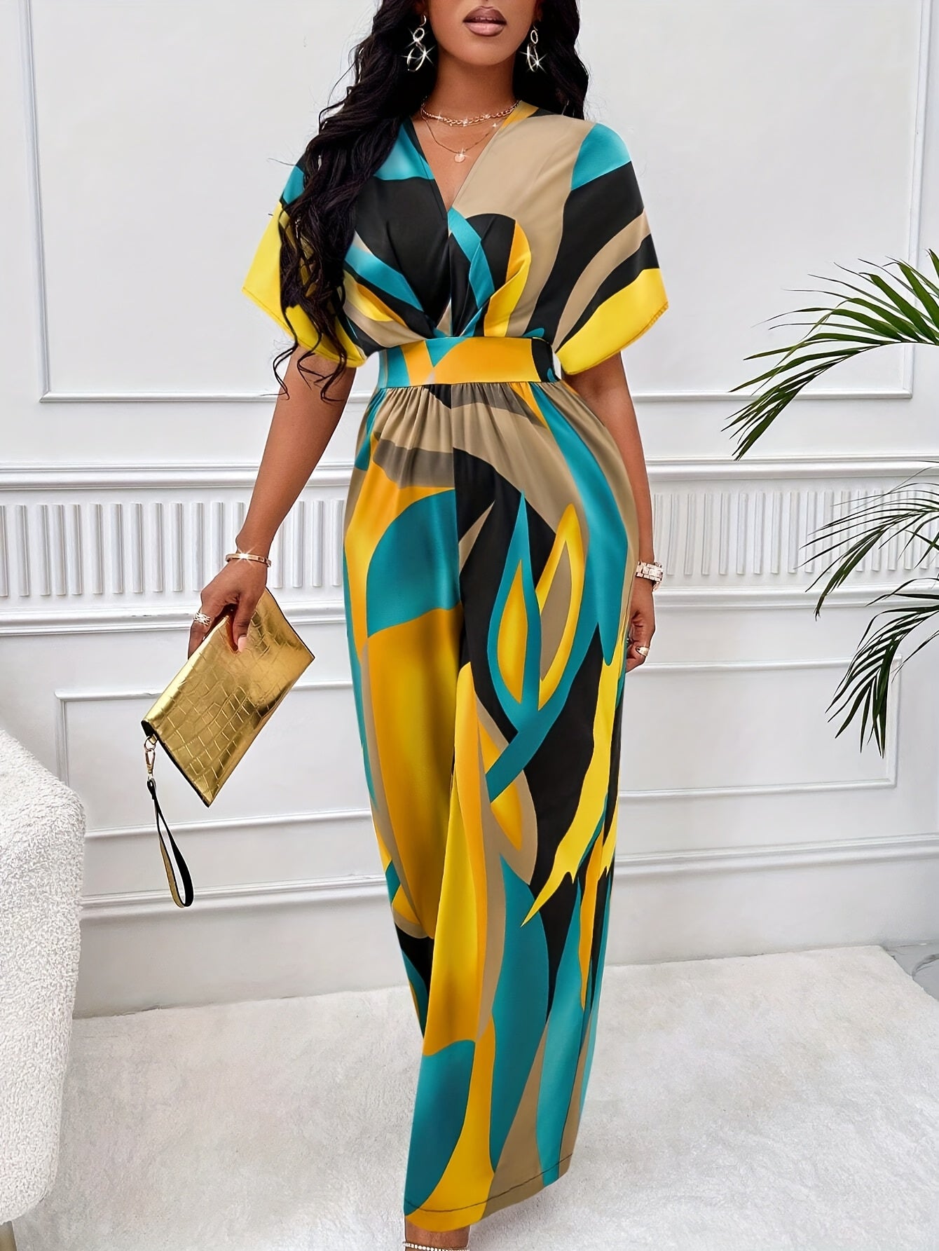 Women's Geometric Print Jumpsuit with Batwing Sleeves Tie Waist V-Neck All-Season Polyester
