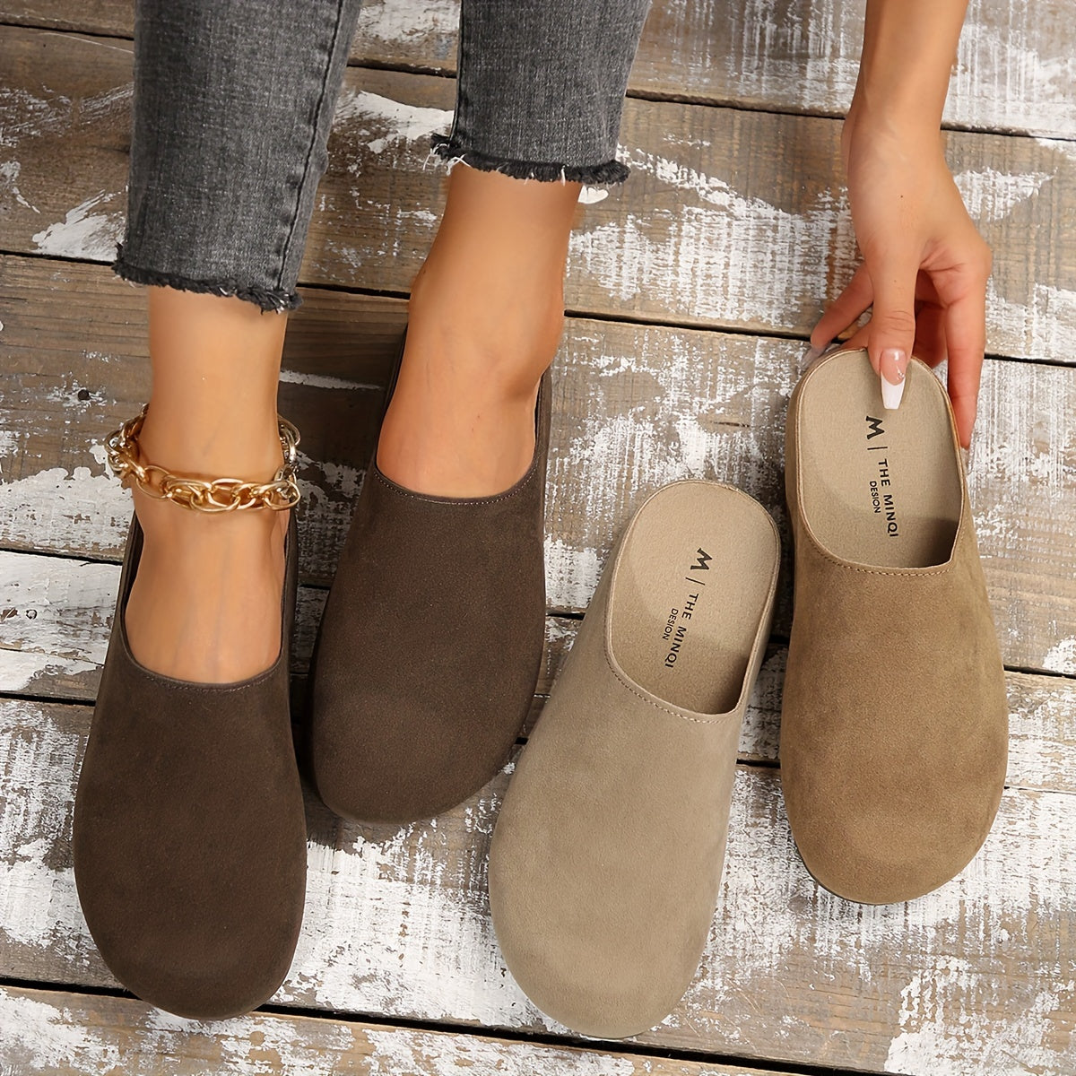 Women's Faux Cover Mules with Arch Support and Non-Slip Sole in Beige