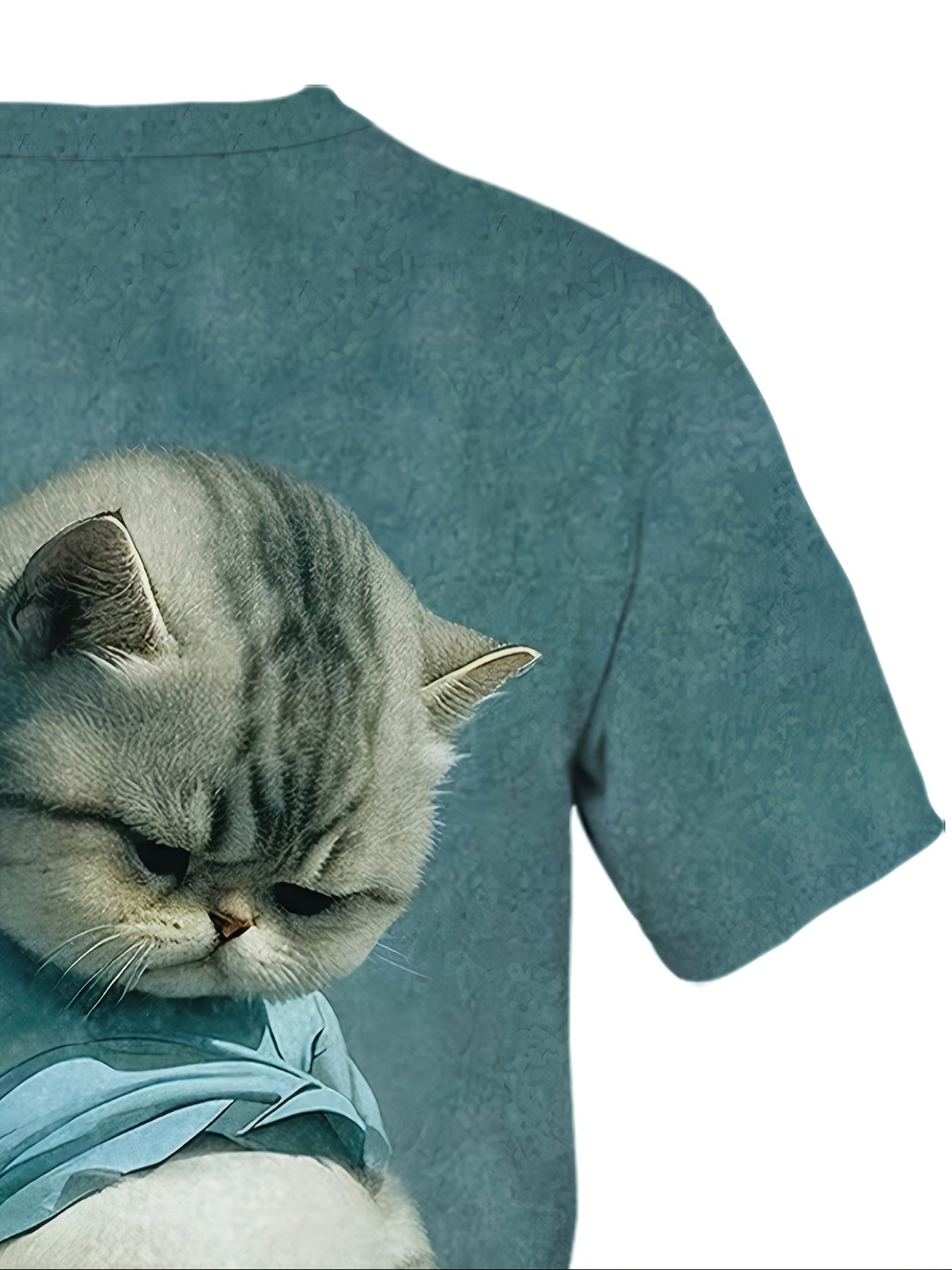 Men's Casual Round Neck T-Shirt with Chubby Cat Print, Short Sleeve, Polyester