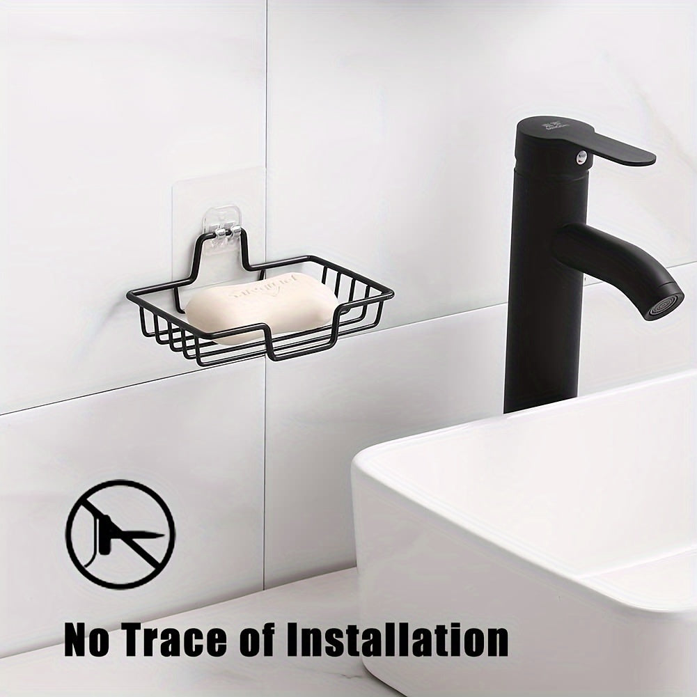 Stainless Steel Wall-Mounted Soap Dish Holder No Drilling Black Silver Bathroom Kitchen