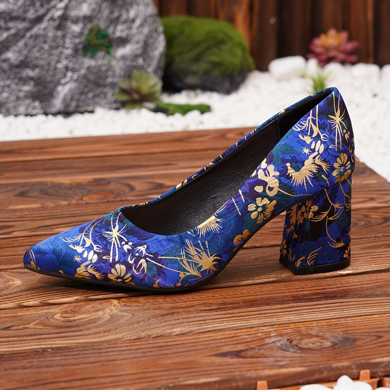Women's Floral Mary-Jane Pumps with Pointed Toe Block Heel