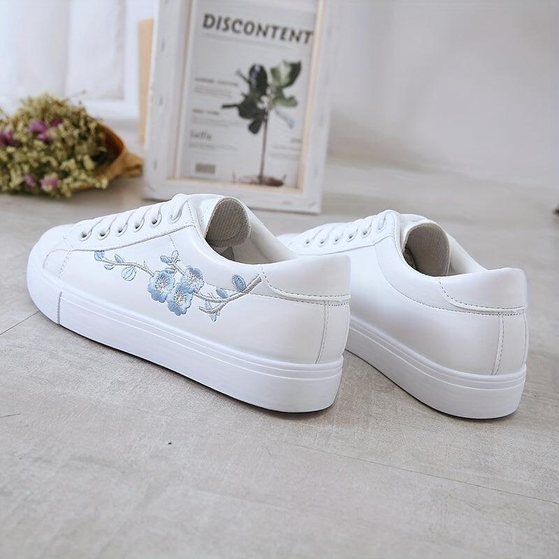 Women's Floral Embroidered White Low-Top Sneakers Synthetic Casual Shoes