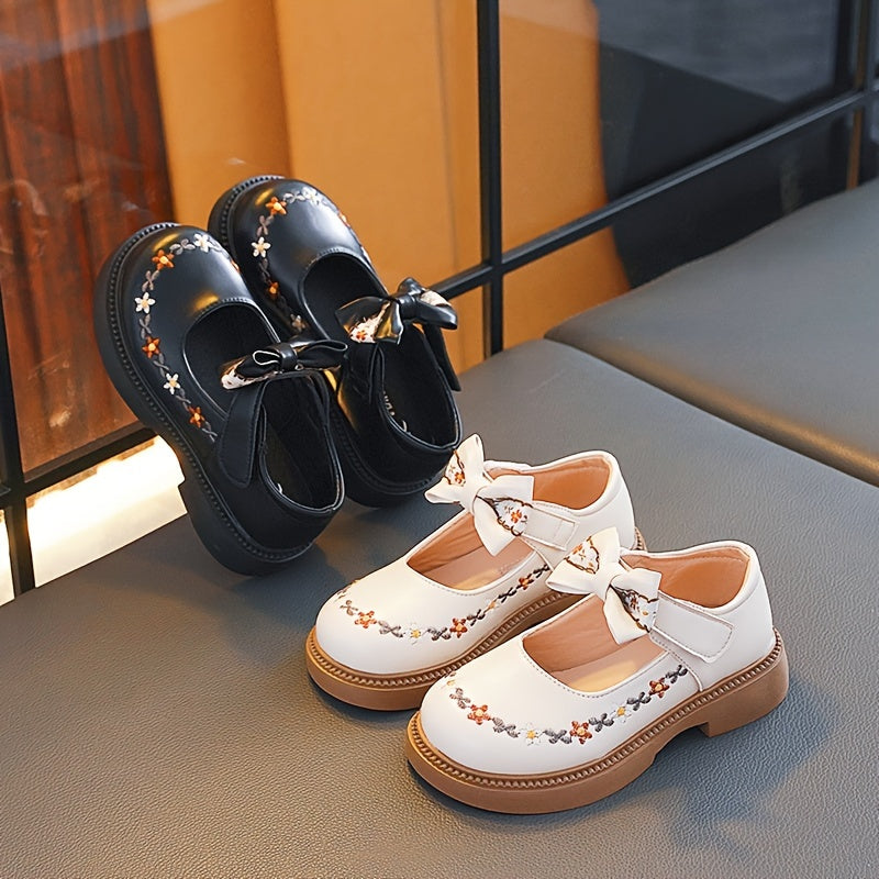 Zapatos Mary Jane para niñas Otoño 2024 Bordado floral lazo suela de goma antideslizante